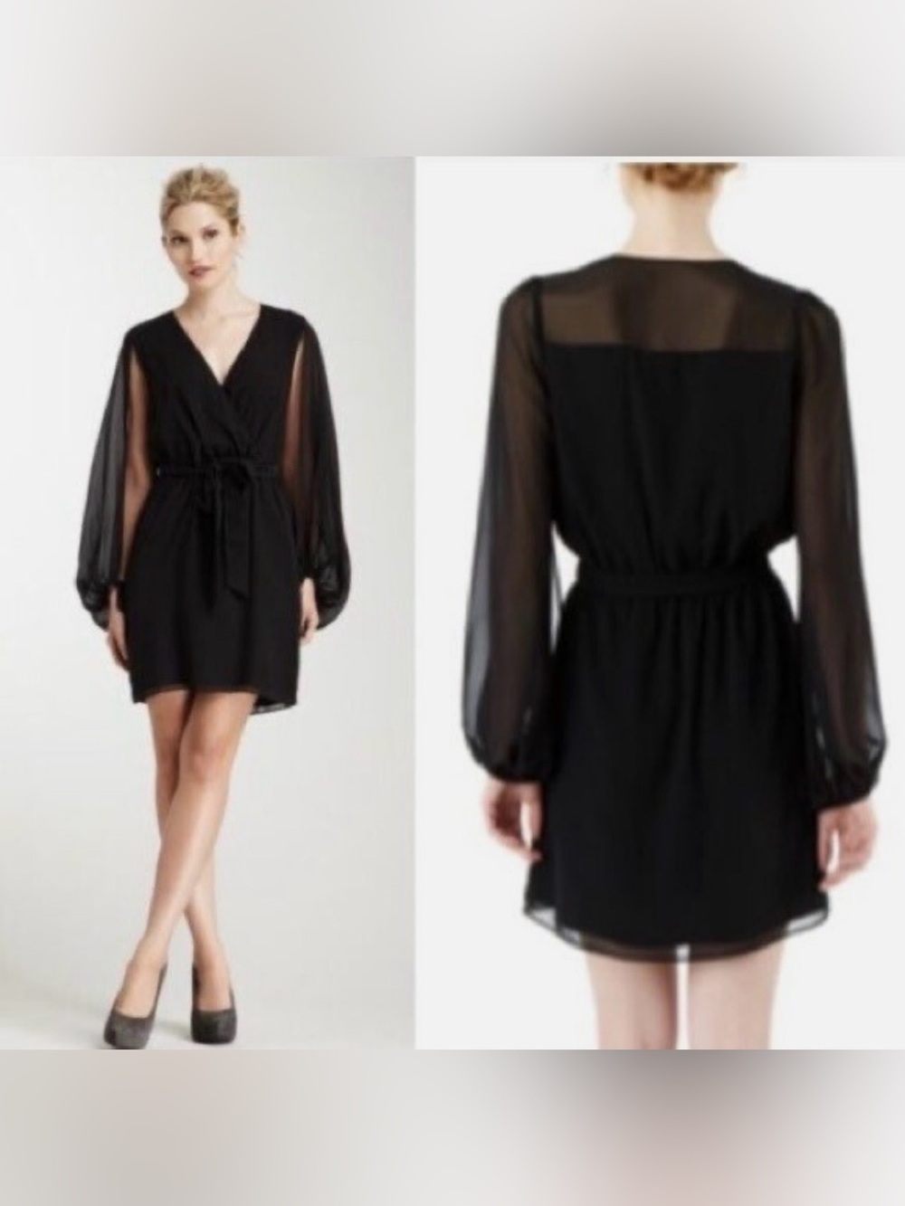 Erin Fetherston Black Wrap Dress Sz 8 Sheer Long Sleeve Tie Waist Mini Cocktail